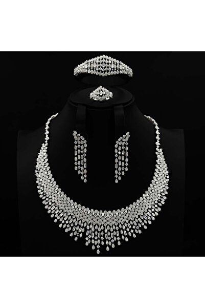 Generic طقم زيركون فضي أنيق بإصدار خاص دقة الماس 5 قطع بضمان على اللون