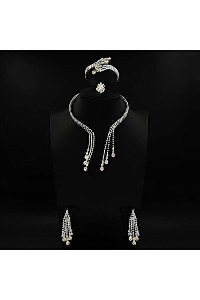 Generic طقم زيركون فضي مكس ذهبي أنيق بإصدار خاص دقة الماس 5 قطع بضمان على اللون