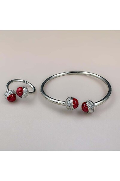 Generic سوارة مع خاتم أنيق بلون مكس فضي وأحمر إصدار خاص ومميز