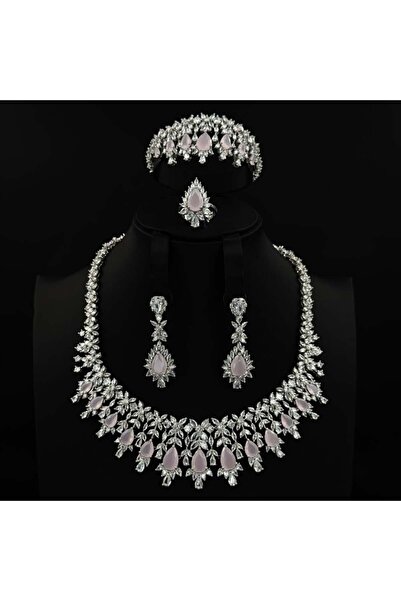 Generic طقم زيركون فضي مكس وردي أنيق بإصدار خاص دقة الماس 5 قطع بضمان على اللون