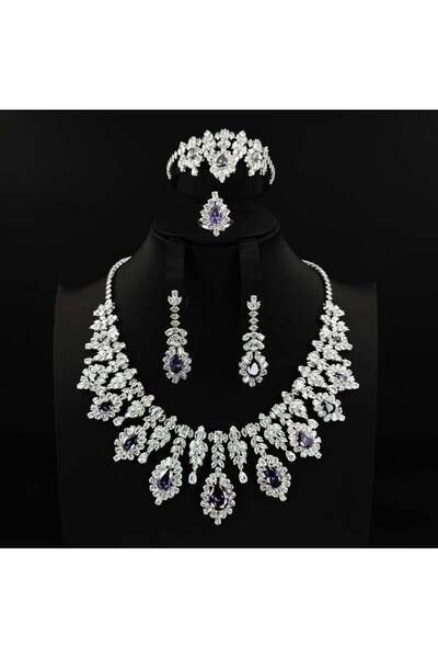 Generic طقم زيركون فضي مكس بنفجسي أنيق بإصدار خاص دقة الماس 5 قطع بضمان على ا...