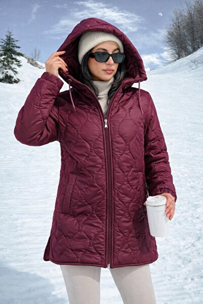 SERBA Burgundy Color Sleeve Mouth Elasticated Hooded Women's Quilted Coat