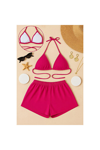 Narnuga Marsilyan- Women's Fuchsia Shorts and Halter Neck Bikini Set
