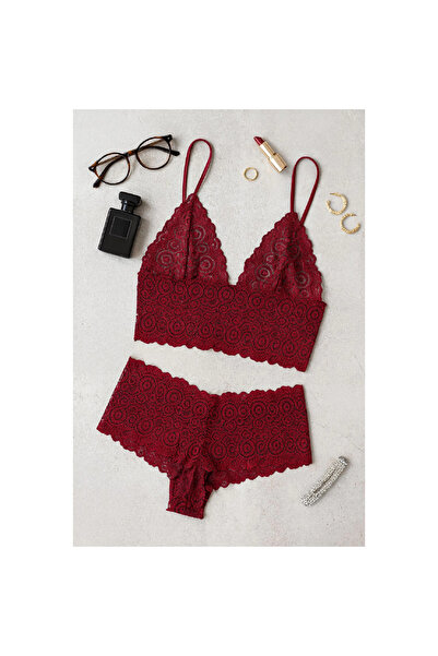 Narnuga Marsilyan- Women's Burgundy Lace Bralette Shorts Set – Noble and Soph...