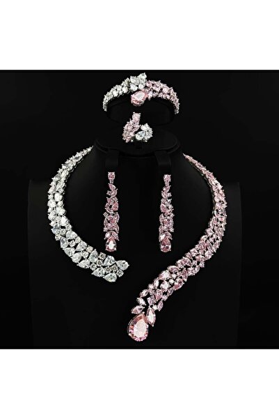 Generic طقم زيركون فضي مكس وردي أنيق بإصدار خاص دقة الماس 5 قطع بضمان على اللون