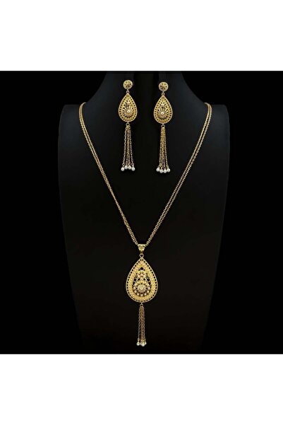 Generic Long necklace with cubic zirconia earrings, diamond-cut gold finish, and pearls, special edition (3 pieces), color guaranteed, luxurious modern design.