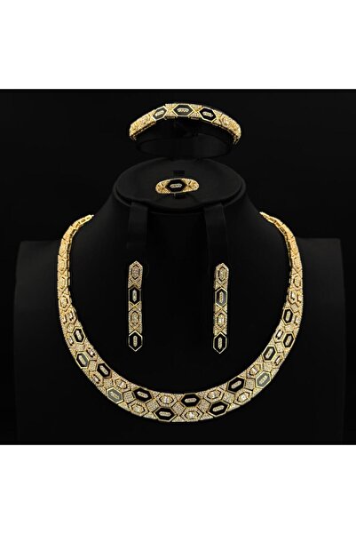 Generic طقم زيركون ذهبي مكس أسود أنيق بإصدار خاص دقة الماس 5 قطع بضمان على اللون