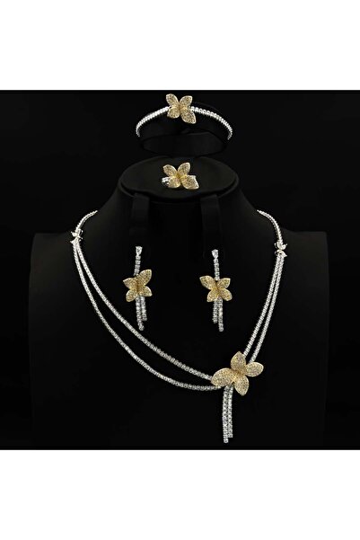 Generic طقم زيركون فضي مكس ذهبي أنيق بإصدار خاص دقة الماس 5 قطع بضمان على اللون