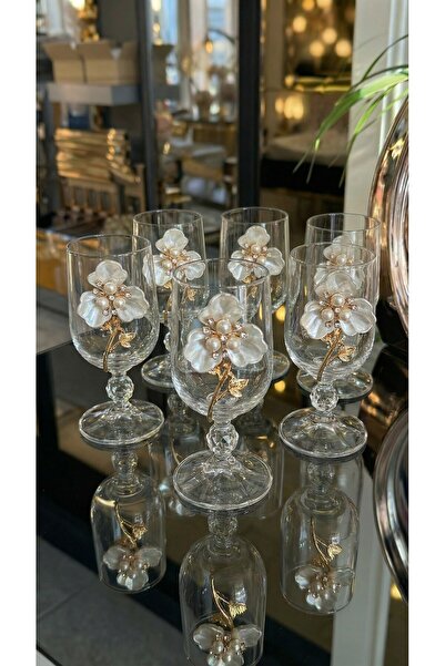 Elta Collection Set of 6 Pearl/Flower Detailed Gold Metal Decorated Footed Glass Coffee Glasses – Stylish Presentation Cups