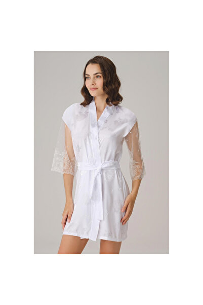 MİRALİVE Dowry Long Sleeve V Neck Women's Satin Plain Summer Mini Lace Detailed Dressing Gown