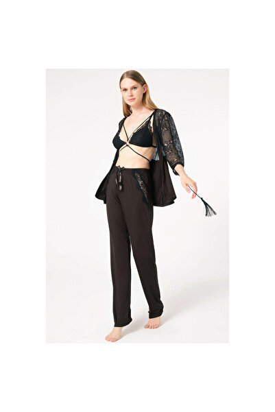 MİRALİVE Lace Robe Without Underwire, Without Support, Without Padding, Collar Detail Bra and Pants Pajama 3-Piece Set