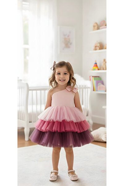 Asel Kids Момичешка рокля с едно рамо, мини, от тюл, с подплата от памук