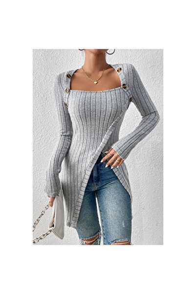 Narnuga Women's Gray Button Detailed Square Neck Corded Fabric Long Sleeve Blouse with Asymmetric Hem