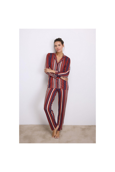 MİRALİVE 100% Modal Long Sleeve Buttoned Striped Pajama Set