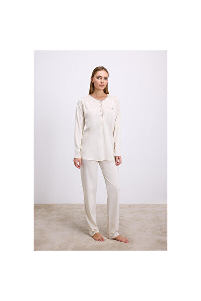 MİRALİVE Elephant Ivory Modal Cotton Long Sleeve Button down 2 Piece Pajama Set