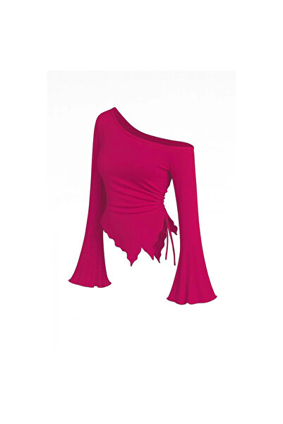 Narnuga Marsilyan- Women's Fuchsia Long Spanish Sleeve Asymmetrical Neck Side Tie D Draped Blouse