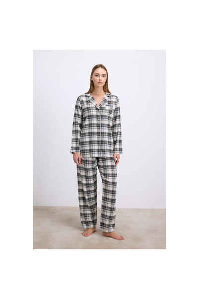 MİRALİVE طقم بيجامة من قطعتين بأكمام طويلة ومظهر الفلانيل المربع