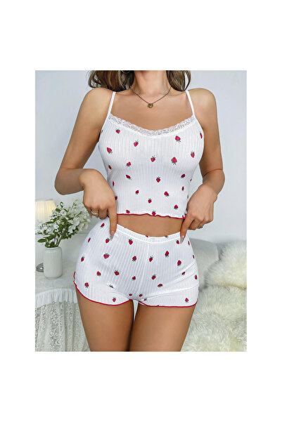 Narnuga White Pajama Set with Strawberry Pattern on Top and Suspender Shorts