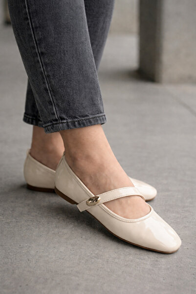 STOCON Piele lacuită, crem, bej, cu cataramă aurie, balerină Mary Jane, cu cataramă elegantă, talpă ortopedică, pantofi casual STC1211