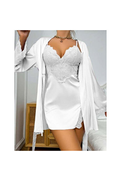 MİRALİVE Lace Embroidered Thin Strap White 2-Piece Satin Nightgown Dressing Gown Set