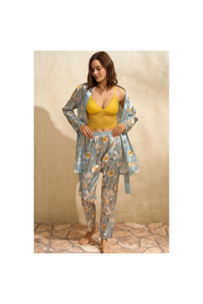 MİRALİVE Satin Floral Printed Dressing Gown Without Underwire No Support No Padding Lace Bralet Bra And Pants Pajamas 3