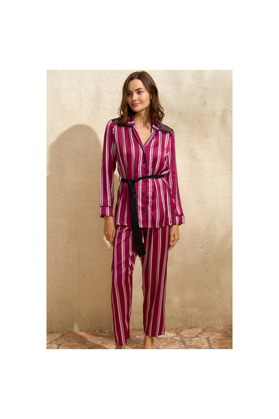 MİRALİVE Satin Striped Buttoned Long Sleeve Lace Shirt and Pants Pajama Set