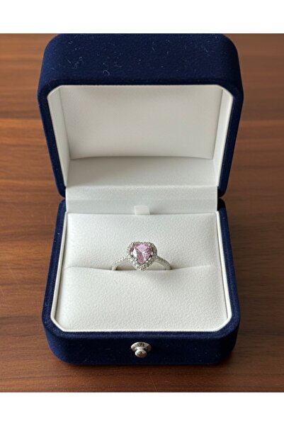 HİİS Gümüş Kaplama Pembe Kalp Taşlı Baget Model Halo Yüzük - Işıltılı Zirkon ...