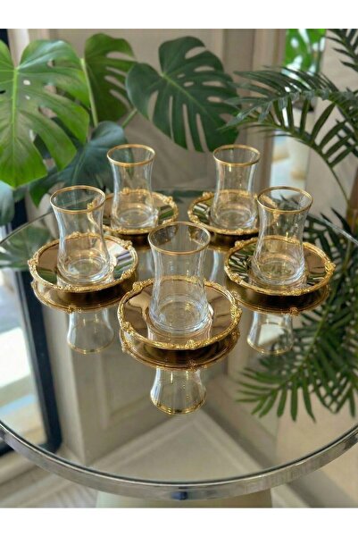 Elta Collection 12 Piece Gold Metal Framed Tea Set for 6 People – 6 Cups 6 Metal Plates – Luxurious Presentation