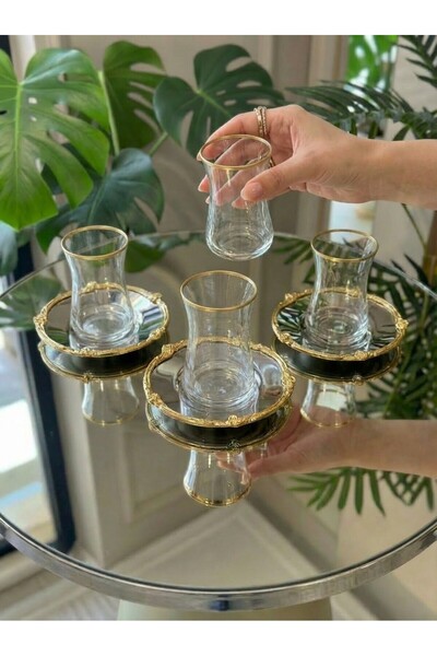 Elta Collection 12 Piece Gold Metal Framed Tea Set for 6 People – 6 Cups 6 Metal Plates – Luxurious Presentation