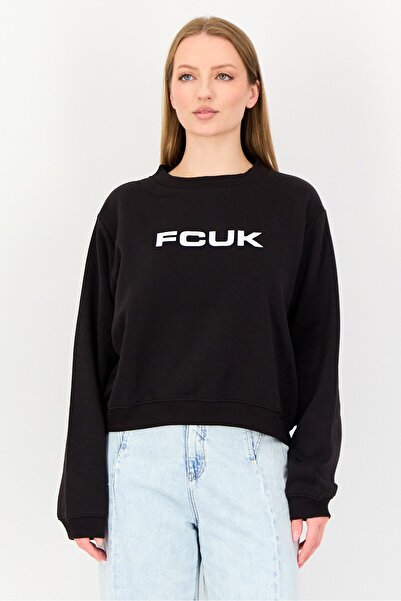 French Connection Women Ribbed Neck Long Sleeve Brand Logo Sweatshirt, Black