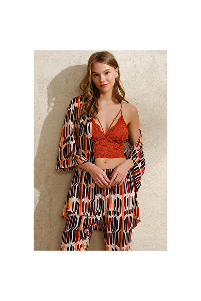 MİRALİVE Woven Viscose Geometric Printed Dressing Gown Without Underwire Unpadded Unfilled Collar Detailed Lace Bustier