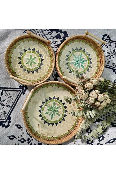 Cozy Nest Handmade Round Rattan Serving Tray Set of 3 with Wood Handles & Mother of Pearl Inlay