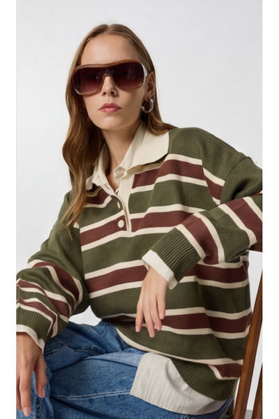 Modeva Global Kadın Çizgili Polo Yaka Triko Kazak – Düğmeli, Oversize Rahat K...