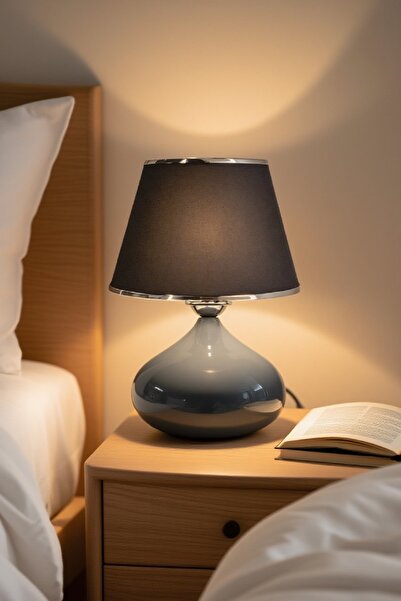 571 Store ANTRESİT AYAKLI ELİPS MASA ABAJURU KUMAŞ BAŞLIK MASA YATAK BAŞI AYDINLATMA