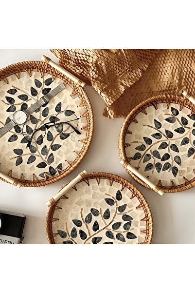 Cozy Nest Handmade Round Rattan Serving Tray Set of 3 with Wood Handles & Mother of Pearl Inlay