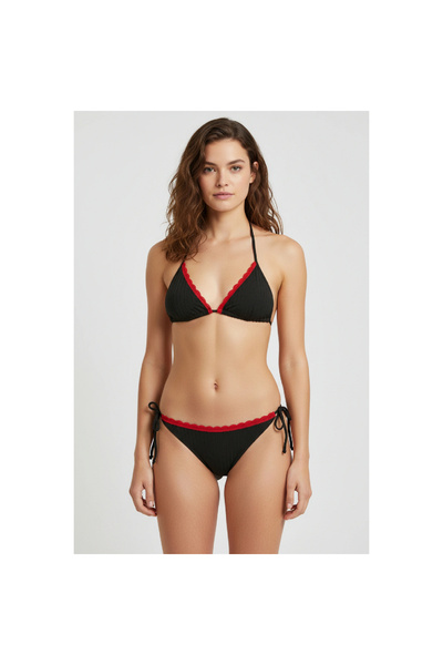 Narnuga طقم بيكيني أسود مع تفاصيل من الدانتيل الأحمر – أربطة قابلة للتعديل، م...