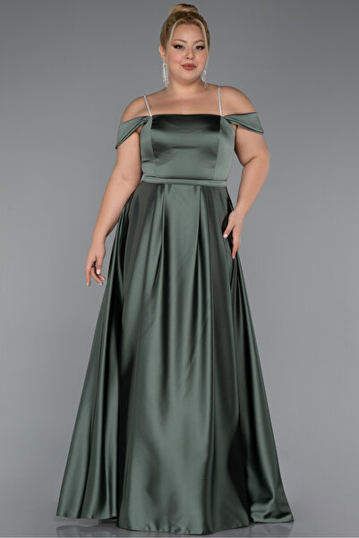 Abiyefon Haki Askılı Uzun Saten Büyük Beden Abiye Elbise ABU5346