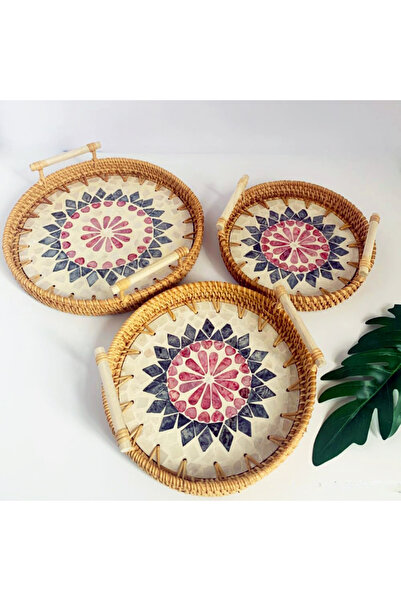 Cozy Nest Handmade Round Rattan Serving Tray Set of 3 with Wood Handles & Mother of Pearl Inlay