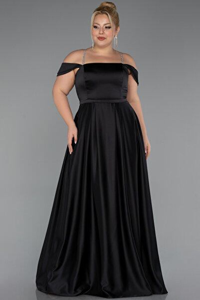 Abiyefon Siyah Askılı Uzun Saten Büyük Beden Abiye Elbise ABU5346