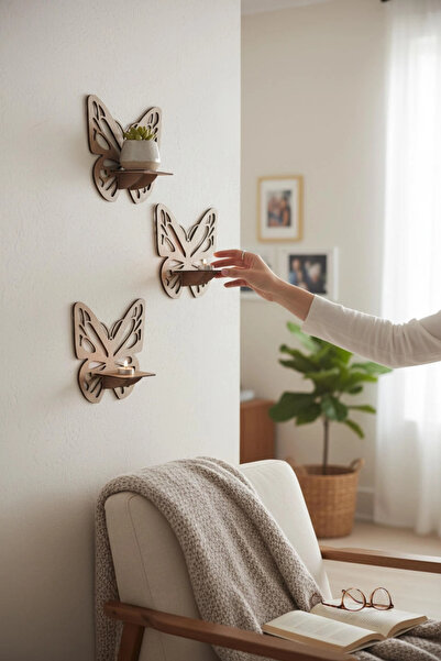 BenomTech Kelebek Tasarımlı Ahşap Mumluk Seti (3’lü) Açık Meşe | Dekoratif Du...