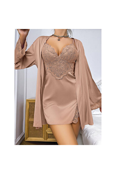 Narnuga Special Design Lace Embroidered Stylish Low-Cut Satin Nightgown Set w...