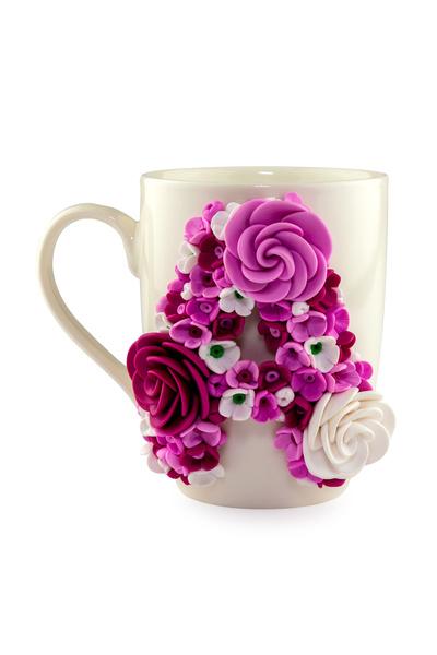 Yoobirim Box Mug Decorated with Fimo Flowers and Letter A YoobirimBox