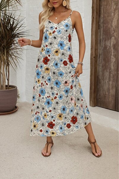 FRESCO SCARFS Women's Patterned Single Jersey Dress with Wide V-Neck and Rope Strap