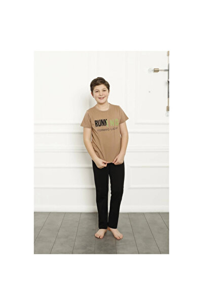 Narnuga MİRAY- طقم بيجامة قطنية للأولاد بأكمام قصيرة لون بني