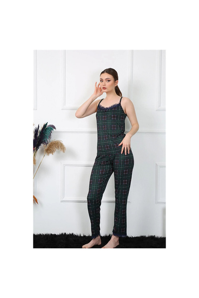 Narnuga Mi̇ray- Women's Rope Strap Green Plaid Pajama Set