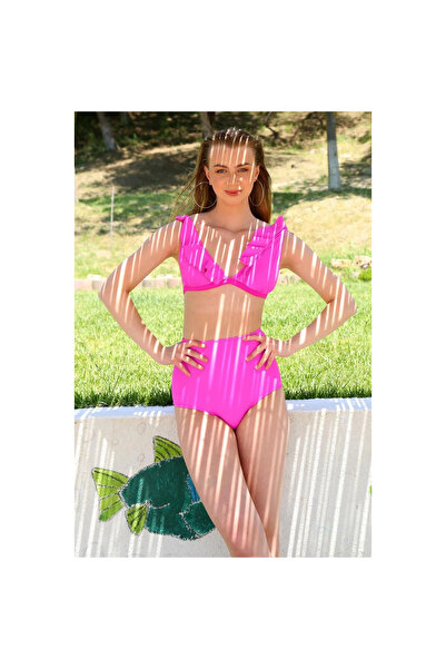 Narnuga Mi̇ray- Women's Ruffled High Waist Fuchsia Bikini