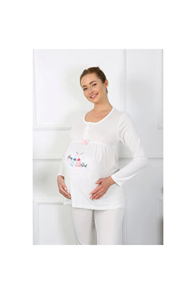Narnuga Mi̇ray- Women's Long Sleeve Maternity Pajama Set Ecru