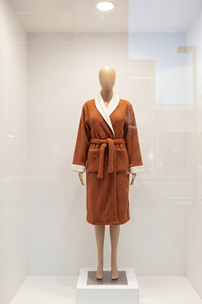 yusa stores Kadın Kiremit Peluş Sabahlık - Yumuşak Dokulu Uzun Kol Kışlık Rob...