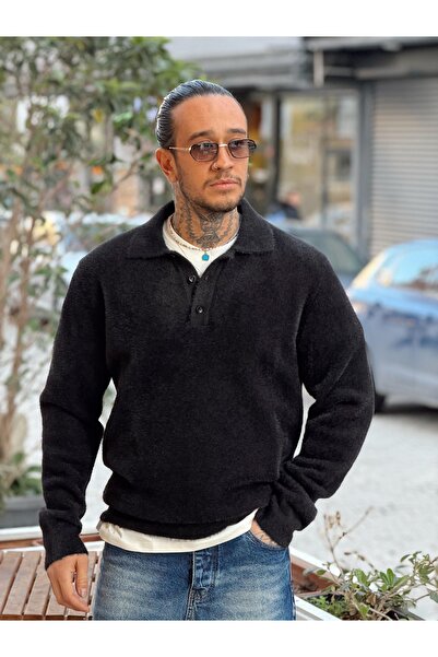 manch collection Chenille Fabric Polo Neck Sweatshirt Black