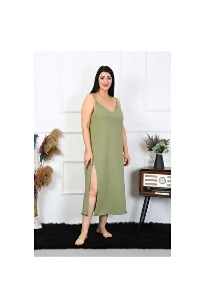 Narnuga MİRAY- قميص نوم نسائي طويل من القطن بحمالات خيطية، مقاس كبير، لون كاكي